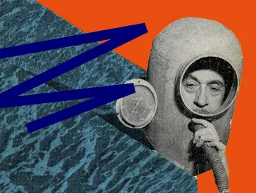 Collage in gray-blue on an orange background with a blue zigzag line: the head of a man in a diving bell, his hand holding a hose, next to it a manometer.