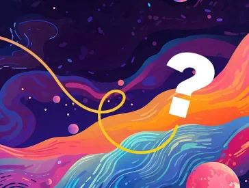 Colorful graphic: a white question mark floats in an imaginative landscape.