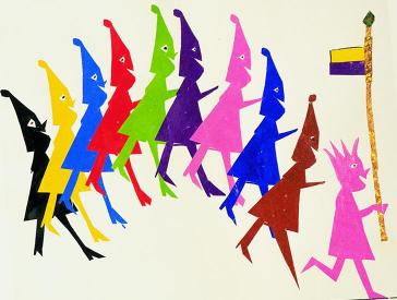 Das Plakat zeigt eine Gruppe bunter Figuren, die einem Fahnenträger folgt. Darunter (in Handschrift): Ich sag’ in der Hanswurstenwelt eine Fahne gut gefällt.
