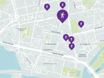 Ausschnitt einer digitalen Karte mit Ikons, die eine spazierende Person zeigen