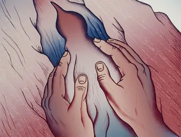 Abstract illustration: two hands holding a round object, the background is red and blue coloured.