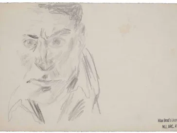 Bleistiftzeichnung eines männlichen Gesichts, das die Betrachtenden direkt ansieht, unten rechts Stempel von Max Brod's Literary Estate.
