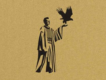 Das Cover zeigt auf goldenem Hintergrund eine schwarze Figur. Ihr linker Arm ist erhoben, auf ihrer Hand setzt ein Adler zum Flug an.