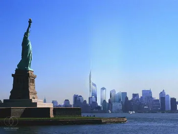 3-D-Darstellung der Skyline von New York mit Freiheitsstatue und Entwurf des World Trade Center Areals