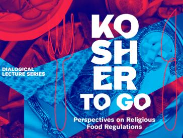 Event graphic: Red and blue collage with photo cutouts of food and cutlery. Inscription in white: Kosher to go.