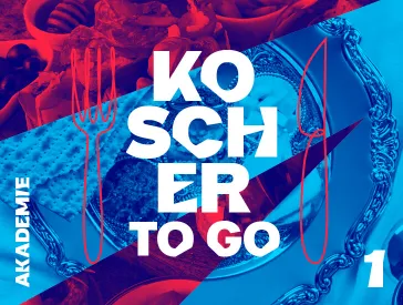 Grafik zur Veranstaltung: Rot-blaue Collage, die Fotoausschnitte von Speisen und silbernem Geschirr zeigt. Aufschrift in weiß: Koscher to go 1