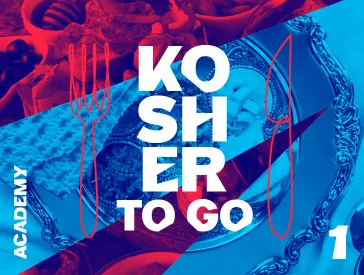 Event graphic: Red and blue collage showing photo cutouts of food and silverware. Inscription in white: Kosher to go 1