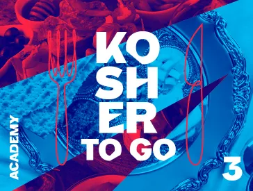 Event graphic: Red and blue collage showing photo cutouts of food and silverware. Inscription in white: Kosher to go 3