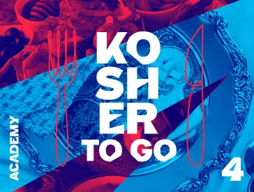 Event graphic: Red and blue collage showing photo cutouts of food and silverware. Inscription in white: Kosher to go 4