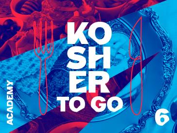 Graphic with plate, cutlery, food and writing "Kosher to go 6".