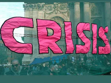 A fabric banner with the inscription: Crisis.