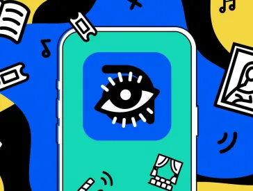 Bunte Grafik, die ein Mobiltelefon mit dem Symbol der KulturPass-App zeigt, ein Auge auf blauem Hintergrund.