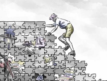 Die Illustration zeigt einen jungen Mann, der eine aus Puzzleteilen bestehende Wand erklimmt.