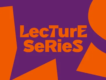 Graphic: The word Lecture Series several times in orange letters on a purple background.