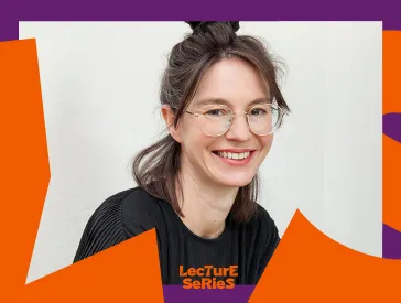 Portrait of a smiling woman with graphic elements in purple and orange as a frame.