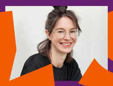 Portrait of a smiling woman with graphic elements in purple and orange as a frame.