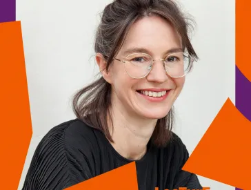 Portrait of a smiling woman with graphic elements in purple and orange as a frame.