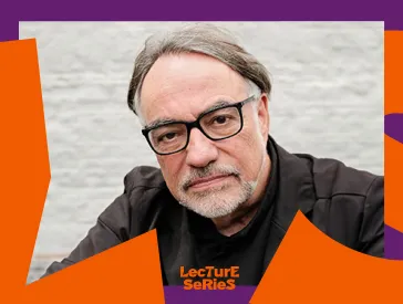 Portrait of a serious looking man with graphic elements in purple and orange as a frame.