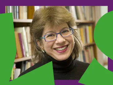 A woman with glasses and black turtleneck laughs into the camera, around a purple frame and stylized cut green letters.