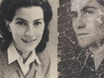 Black-and-white photos of two young people; the photo of the young man is peeling badly