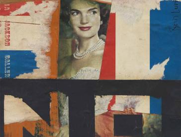 Collage of paper scraps and the portrait of a woman.