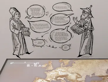 Eine Zeichnung, die an einer Ausstellungswand zu sehen ist: Sie zeigt zwei Personen und viele Sprechblasen. Die eine Person ist anhand ihrer mittelalterlichen Kleidung als Christ markiert, die andere als Jude.