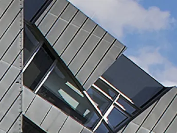 Exterior facade of the Liebeskind building and view of the sky.