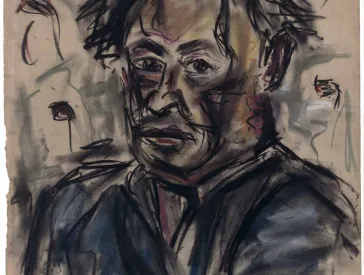 Porträtzeichnung eines Mannes, um dessen Kopf hebräische Buchstaben gemalt sind.