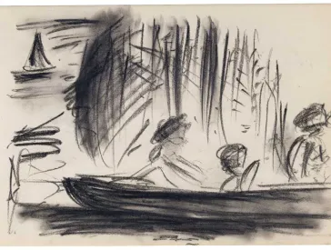 Charcoal drawing of three people in a boat.