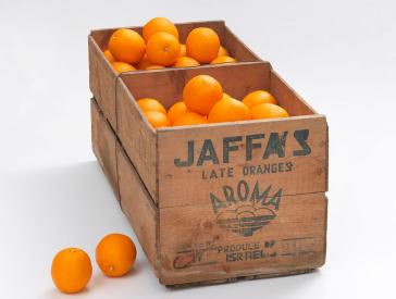 Brown wooden box with oranges, with Jaffa lettering.
