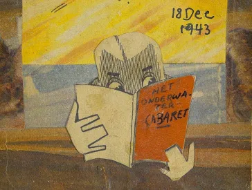 Painted magazine cover, a person reads in a magazine.