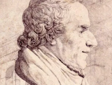 Historical drawing of a portrait bust sculpture of a man, the sculpture is surrounded by meaningful objects below