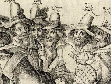 Copper engraving of eight English noblemen with hats discussing with each other with the title ""Actual illustration how several English noblemen decide to destroy the king together with the whole parliament with powder."