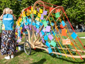 Ein Regenbogen aus bunten Seilen gespannt an denen bunte Zettel hängen.