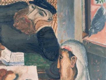 Ausschnitt aus einem Ölgemälde mit liegendem Mann mit Buch in der Hand und einer Frau mit Kopftuch am Tisch.