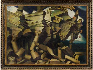 Painting in brown tones showing a naked man leaning against a collapsing building