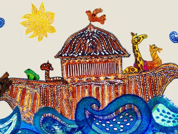 Bunte Zeichnung der Arche Noah.