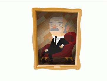 Illustrated graphic of a golden picture framing containing a portrait of a cartoon older man wearing a suit and glasses sitting in a large red chair 
