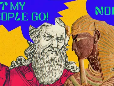 Film still from the animated film “Passover. A toast to freedom": the characters Moses and Pharaoh face each other. There are two speech bubbles. Moses says: Let my people go! Pharaoh says: Nope.