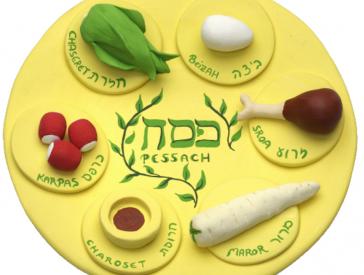 A yellow clay plate with traditional Passover herbs
