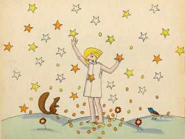 Illustration eines Kindes im Nachthemd zwischen lauter herunterfallenden Sternen, die es mit den Händen greift, daneben ein Eichhörnchen und ein Vögelchen