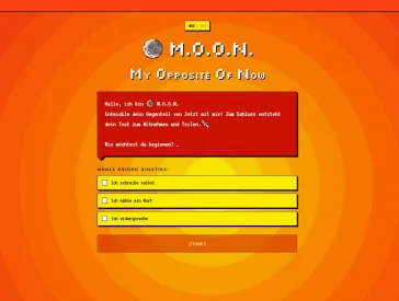 Startscreen der interaktiven Anwendung M.O.O.N. - My Opposite of Now mit Begr&uuml;&szlig;ungsnachricht, Schaltfl&auml;chen und im Hintergrund konzentrische Kreise die von Tieforange au&szlig;en nach innen immer heller bis ins Gelb werden.