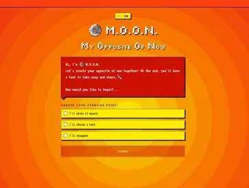 Screenshot of a website: in the background, concentric circles whose orange color gradually darkens toward the outer edges; in the foreground, the entry screen for the chat application &ldquo;M.O.O.N. - My Opposite Of Now.&rdquo;