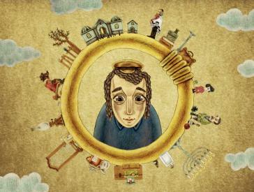 Drawn portrait of a boy framed by a huge golden ring. On the outer edge of the ring, people and objects are arranged in a circle.