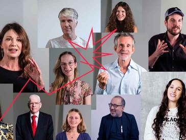 Collage of portrait photos of different people with a red jagged line across them