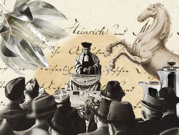 Collage of horse, besamim box, written document and photo