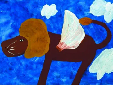 Das Bild zeigt einen gemalten Löwen mit Flügeln vor blauem Himmel mit Wolken