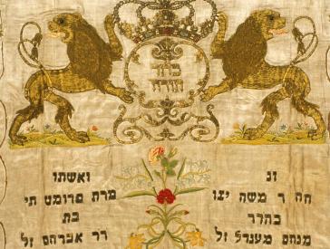 Embroidered gate curtain with lions and inscription.