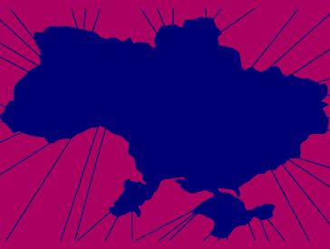 Grafik: Die Form der Ukraine in Blau vor berryfarbenem Grund, davon gehen Strahlen aus.