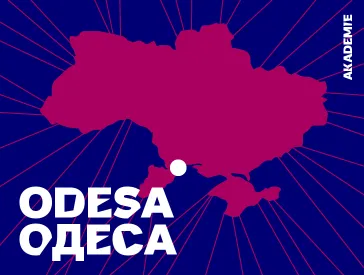 The outline of Ukraine in berry color with blue background and the lettering Odesa in German and Ukrainien. 